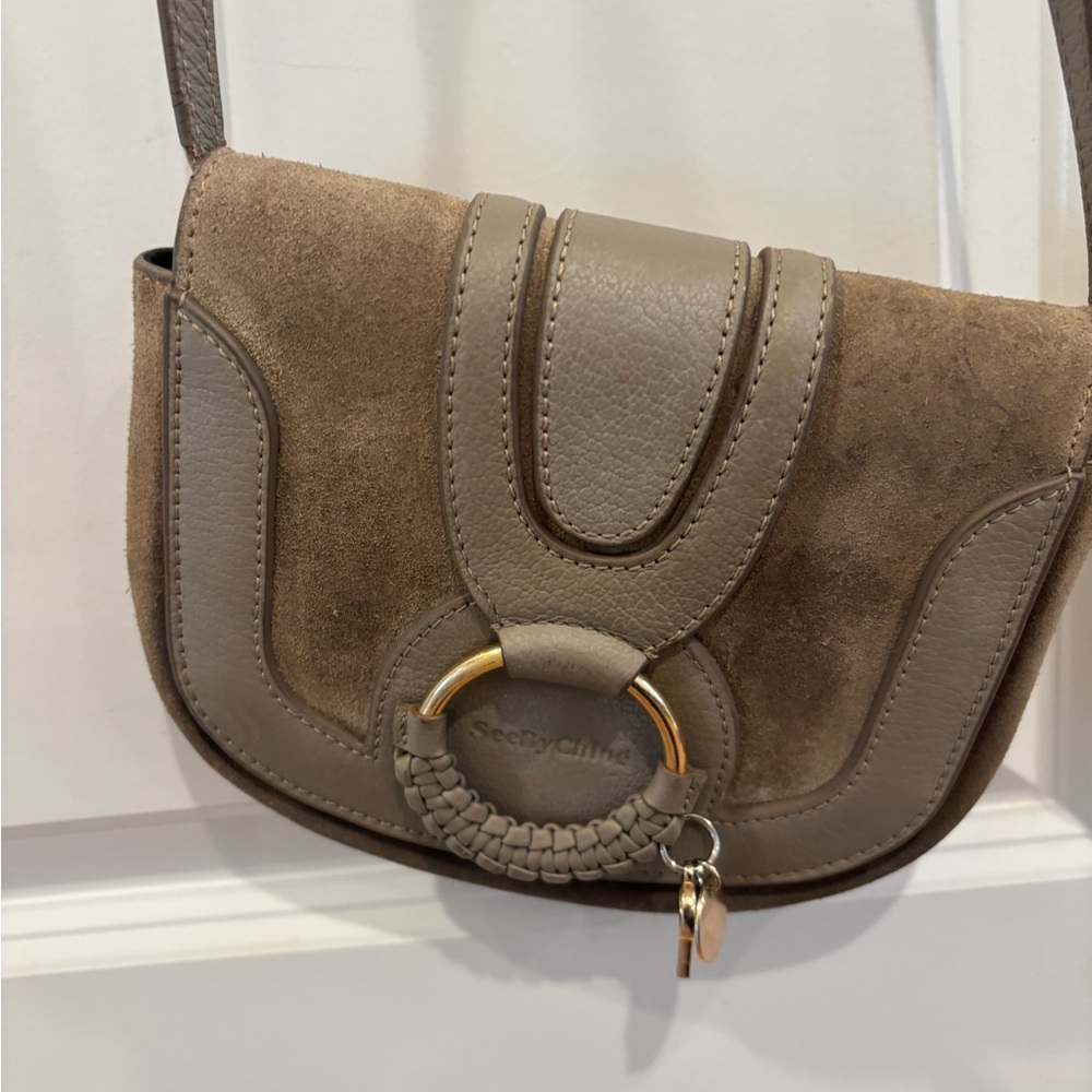 See By Chloe Taupe Suede & Leather Crossbody with Braided Ring